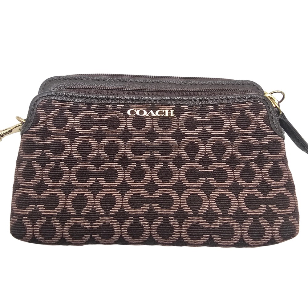 Coach Monogram Jacquard Wristlet Brown Canvas Leather Gold Hardware